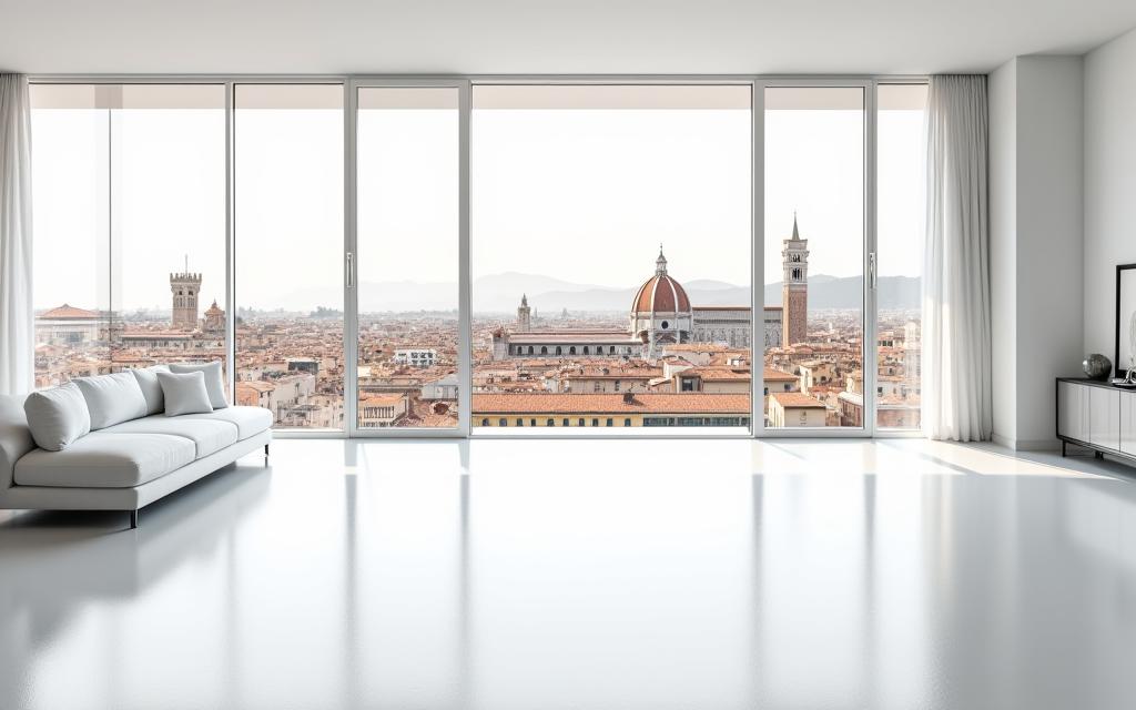Pavimento in resina bianca in un attico con vista su Firenze.