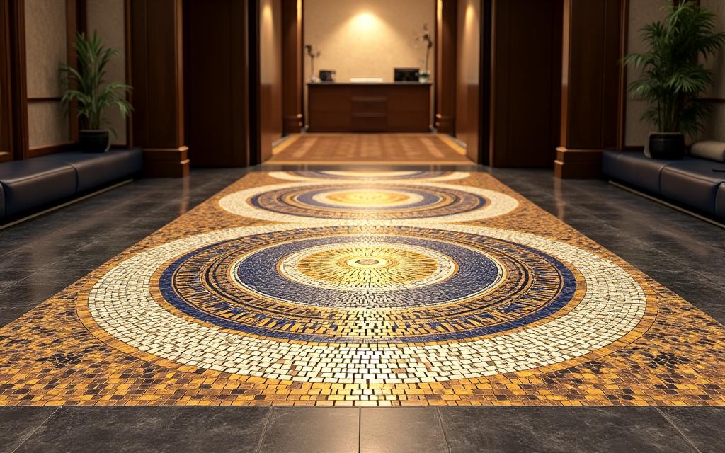 Ingresso di un boutique hotel con pavimento a mosaico personalizzato.