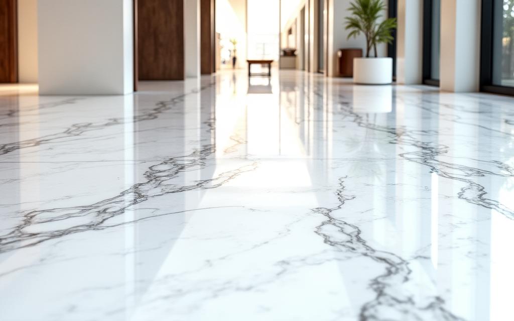 Grande showroom con pavimento in marmo di Carrara lucidato a specchio.
