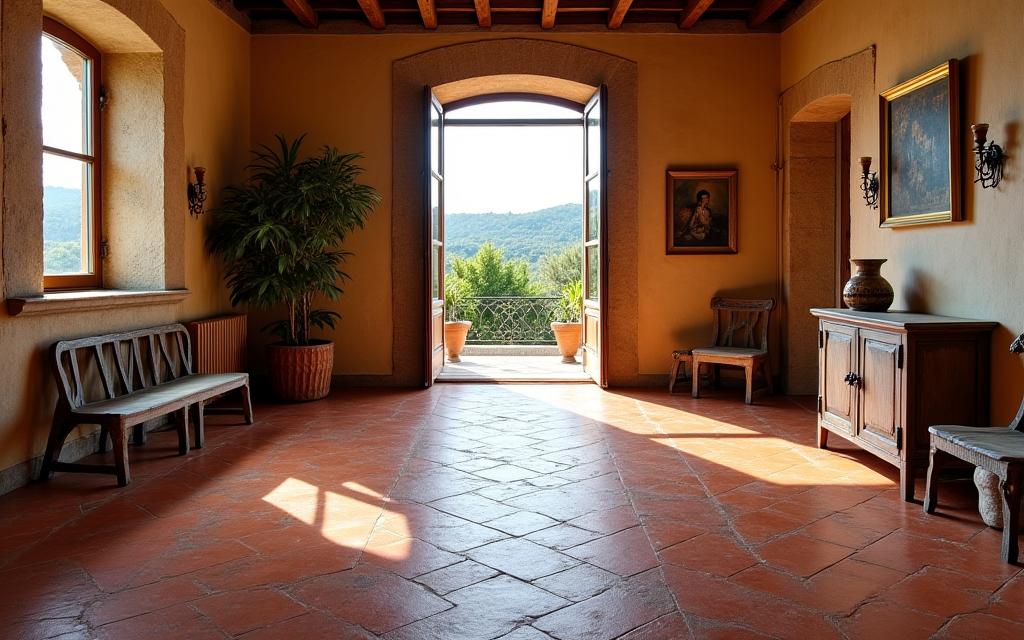 Pavimento in cotto antico restaurato in una villa toscana.